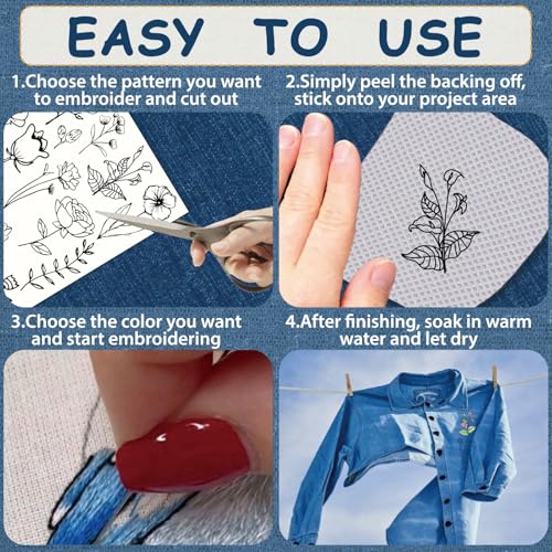 98Pcs Embroidery Paper Flowers Water Soluble Embroidery Patterns Plants and Floral Theme Stick and Stitch Wash Away Transfer Paper Stabilizers for Hand Sewing Beginners 11.7 x 8.3 Inch - color: Flower Plants