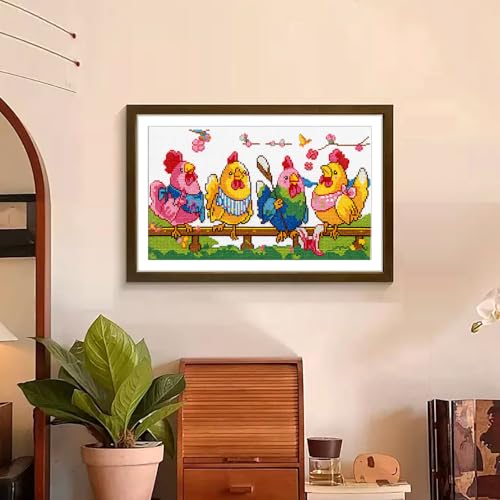Zhenqing Knitting Chickens Stamped Cross Stitch Kit, 11CT Printed Pattern on White Cotton Fabric, Farmhouse Chicken Decor - color: Funny Knitting Chickens