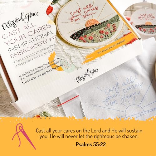 Elly & Grace Christian Embroidery Kit with Embroidery Hoop, Easy Embroidery Kit for Beginners and Adults, Full Embroidery Hoop Kit with Needles and Thread Included (Cast All Your Cares) - style: Cast All Your Cares