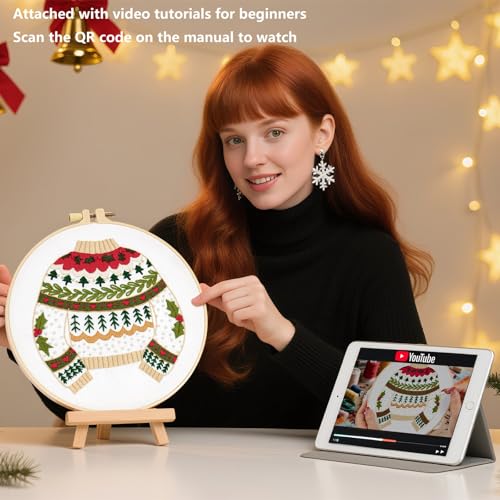 Crafmanoe Christmas Embroidery Kits for Beginners Embroidery Stitches Practice Kits for Adults, Christmas Cross Stitch Kits for Beginners Craft Kits, Embroidery Hoops, Fabric, Threads & Video Tutorial - color: H2050