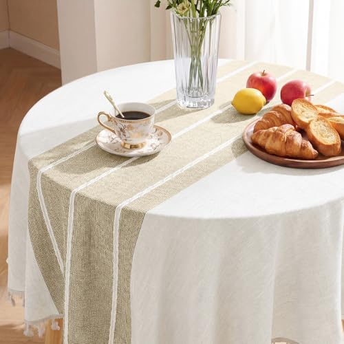 Softalker Fall Linen Round Tablecloth with Tassel, 55 x 55 Inch - color: Coffee Lines, size: 55" (Round)