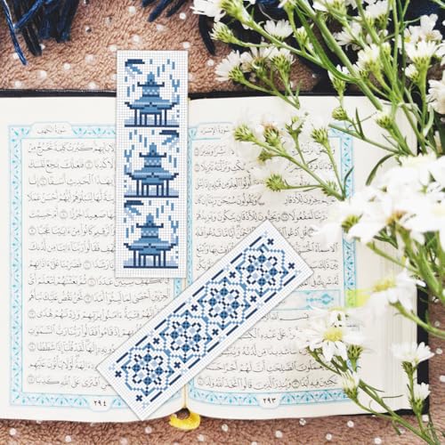 BEUNITONE Cross Stitch Bookmark Kit 6 Pcs Watercolor DIY Bookmarks Cross Stitch Kits for Beginners Birds Flower Stamped Embroidery Bookmark with Landscape Patterns Craft Kit for Gifts 8''x2.4'' - style: Blue and White Porcelain Pattern