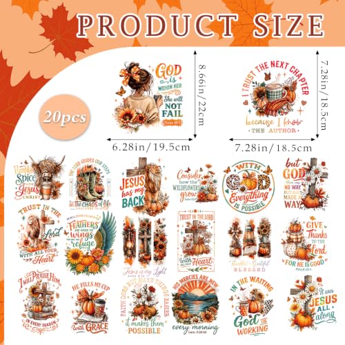 Dazoratix Fall Christian Iron on Transfers - 20 Sheets Autumn Jesus DTF Ready to Press Bible Verse Pumpkin Heat Patches Religious Faith Stickers Vinyl Decals for T Shirts Clothes Pillow Bag DIY Crafts - style: Fall Christian