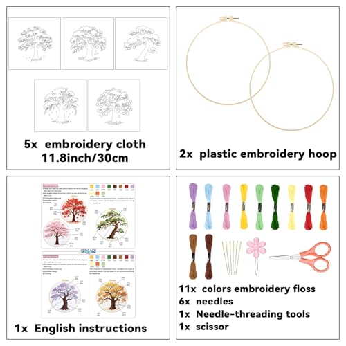 ORIGACH 5 Pcs Seasonal Tree Embroidery Kit for Beginners - style: Seasonal Tree