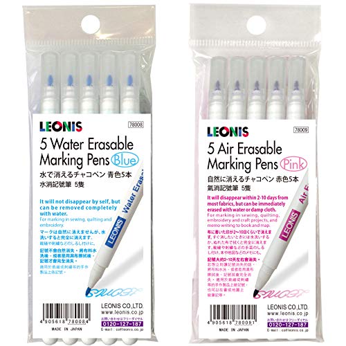 LEONIS 5 Water Erasable Fabric Marking Pen Blue & 5 Disappearing Ink Fabric Marking Pen [ 78008_78009 ] - size: 2 Count (Pack of 5)