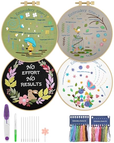 ERKOON 4 Pack Beginner Embroidery Kits for Adults DIY Starter Kit with 33 Stitch Techniques, Stamped Patterns, Embroidery Hoop, Colorful Threads, Tools, Step by Step Instructions & Video Tutorial - color: Embroidery-time1/2/3