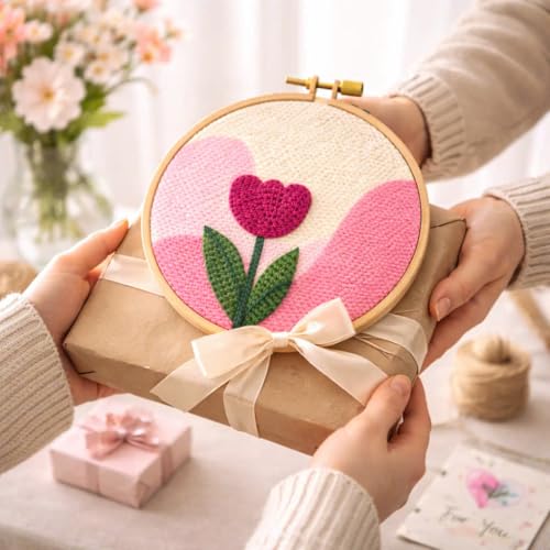 CELCRAFTIQUE Punch Needle Kits for Adults Beginner, Tool with Punch Needle Fabric, Hoops, Yarns and Sewing Needles (Blush Tulip) - color: Blush Tulip