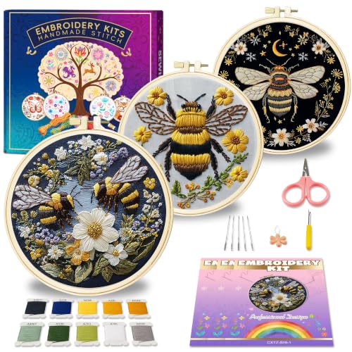 Huacan Embroidery Kit for Adults Beginners with 3 Hoops & Gift Box - color: Bees