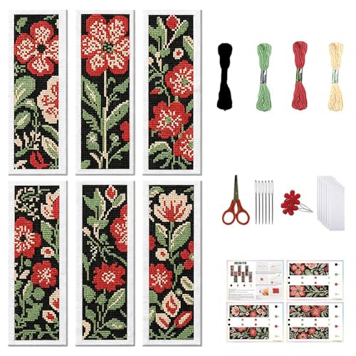 FREEBLOSS 6 Set Cross Stitch Bookmark Kits 8"x2.4" Red Flowers on Black - style: Flat style