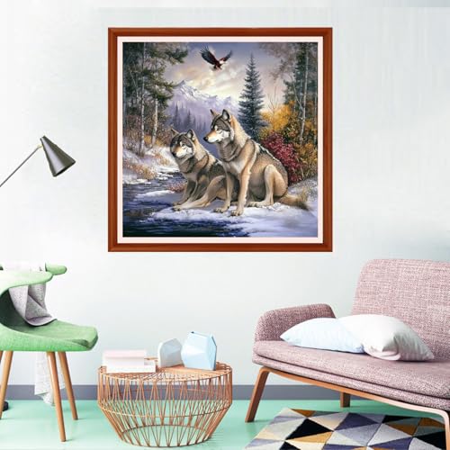 Redxing Counted Cross Stitch Kit for Beginners,Unprinted Needlepoint Kits for Beginners Cross Stitching Embroidery Kit 11CT Stitches kit-Two Wolves in the Forest 18x18 inch - color: Setpattern33