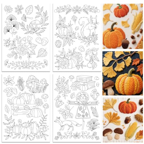ORIGACH 4 Sheets Large Autumn Water Soluble Embroidery Stabilizers, Pumpkin Leaves & Mushroom Stick and Stitch Embroidery Paper Hand Sewing Stabilizers for Embroidery Beginners - color: Autumn Pumpkin Leaves & Mushroom
