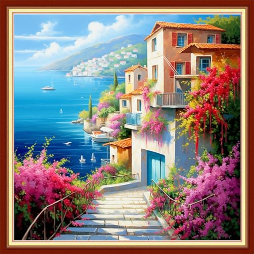 Findvoor Stamped Cross Stitch Kits for Beginners Full Range of Cross Stitching Embroidery Pattern for Adults, 11CT DIY Needlepoint Embroidery Starter Kits-Seaside Scenery 17.7x17.7 inch - color: StampedKits 13