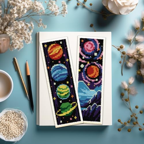 ACRNIGHEET 6PCS Stamped Cross Stitch Bookmark Kit for Beginners Planet - style: Planet Patterns