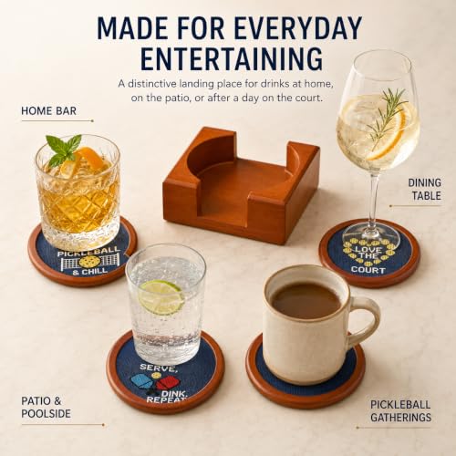Khen Pickleball Hand-Stitched Needlepoint Coasters - Set of 4, Wooden Holder Solid Wood Needlepoint Inlay French Cotton Thread 4" Durable Decorative Gift, Drink Mats Unique Pickleballers Barware Gifts