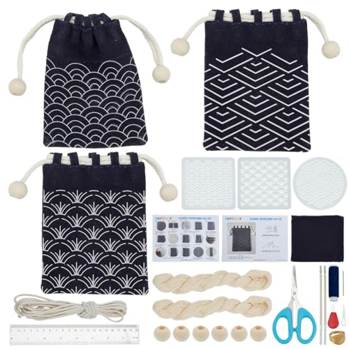 INFUNLY 3pcs Sashiko Drawstring Bag Kit DIY Sashiko Stencil Acrylic Template Kit Sewing Handbag Kits Wave Pattern Needlepoint Sewing Bag Kits with Instruction Cloth Needle Thread for Beginner Adults - style: Black wave pattern