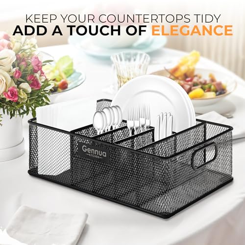 Gennua Kitchen Paper Plate Organizer for Cabinet, Counter, Picnics, Parties & More, Extra Large Utensil Caddy Crafted of Thick Iron Mesh With 6 Compartments for Paper Plates & Plastic Silverware