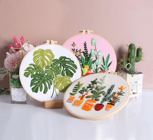 Konrisa Embroidery Kits for Adults Beginner, European Style Garden Plant Green Leaf Stamped Embroidery Starter Kit,DIY Sewing Practice, Needlepoint Cross Stitch Kit,Set of 3 - color: green plant