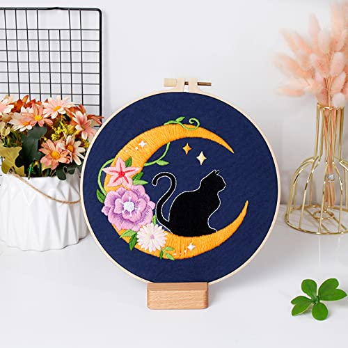 Louise Maelys Cat Moon Embroidery Kit for Beginners Floral DIY Craft Set - color: kit-18