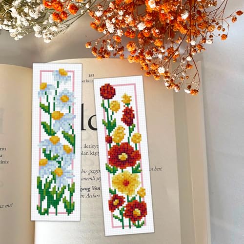 BEUNITONE 6 Set Floral Bookmark Cross Stitch Kits for Beginners with Instructions Floral Bookmarks Cross-Stitch Kit Stamped Embroidery Bookmark DIY Crafts Book Marker for Book Lovers 8''x2.4'' 11CT - style: Flower Cluster A