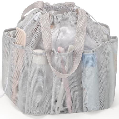 famichan Mesh Shower Caddy Portable with Drawstring, Dorm Room Essentials for College Students, Grey Shower Bag for Camping,Swimming,Gym,Travel,Bathroom - color: GREY