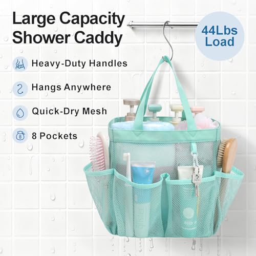 Mesh Shower Caddy Portable - 8 Pockets, S-Hook, Shower Bag for Dorm Camping - color: Sage Green, size: L (Classic Dorm Caddy)