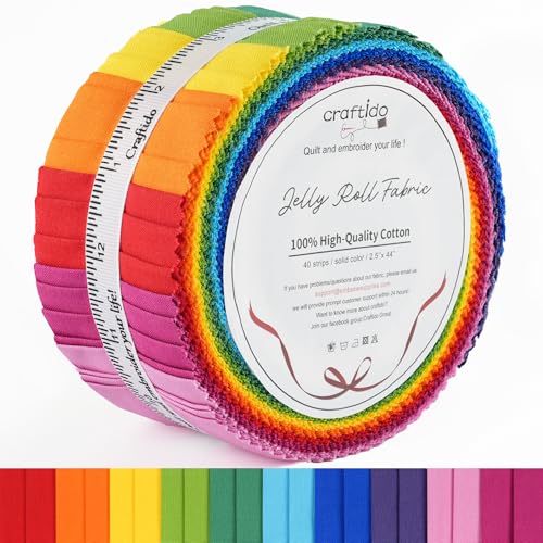 Craftido-20 Options-100% Cotton Jelly Roll Fabric Precut Strips for Quilting, Crafting, and Sewing, 40 Strips 2.5" x44" Assorted Bundles for Rug, Quilt Project, DIY Craft and Home Decor-RAINBOW COLORS - color: Rainbow Colors