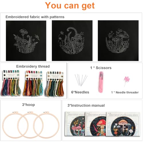Myfelicity Embroidery Kit with Mushroom Patterns, 3 Hoops, Fabric, Threads, Needles, Instructions (red) - color: red