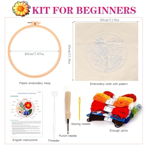 KESTAR Punch Needle Embroidery Starter Kits, Flower Dragonfly Punch Needle Kits for Adults Beginner, Needle Punch Kit Tool with Instruction Threader Fabric Yarns and Hoop - color: Red Flower