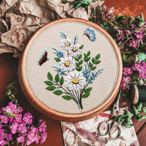 FONNUY Embroidery Kit for Beginners，Plants Flowers Pre-Stamped Pattern Kits for Adults with Hoop, Easy to Follow Needlework (Butterfly Flower) - color: Butterfly Flower