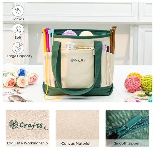 MYBAGZING Yarn Bags for Crocheting,Canvas Crochet & Knitting Tote Organizer - color: Nature-Green, size: Medium-12.5“