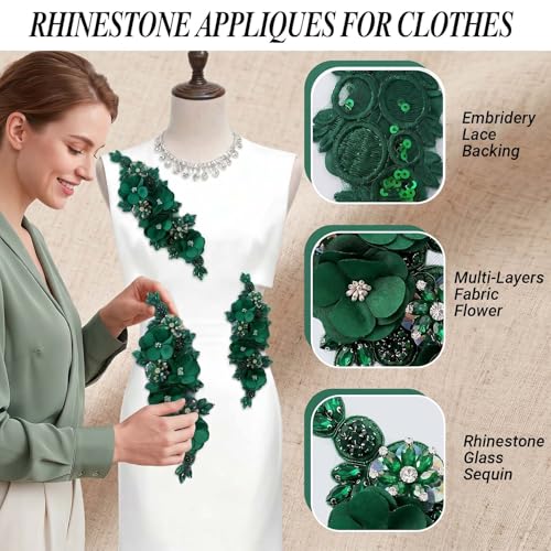 Handmade 3D Flower Embroidery Applique Rhinestone Lace Patch, Hunter Green - color: Hunter Green