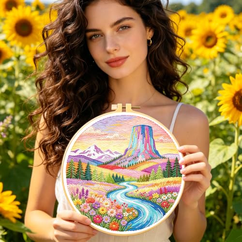 BEUNITONE 4 Set Embroidery Kits for Beginners, Pink Scenery Design with Pre-Stamped Pattern Craft Kits Include Instruction and Hoops, 7.9"x7.9" Needlepoint Kits for Festival Gifts and Home Decor - style: C-Dreamy Scenery