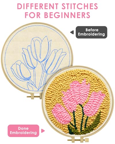 TINDTOP Punch Needle Embroidery Kits, Tulip Punch Needle Kits for Adults Beginner, Tool with Punch Needle Fabric, Hoops, Yarns and Sewing Needles - color: Pink Tulip