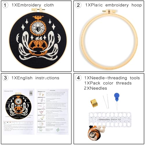 Halloween Embroidery Kits for Beginners Adults, Ghost Embroidery Starter Kits, Halloween Cross Stitch Kits for Beginners Adults Hobbies for Women, Embroidery Fabric, Threads, Hoops and Video Tutorial - color: H2010