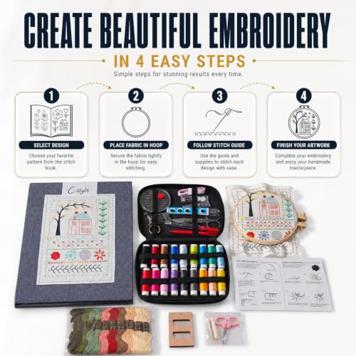 Homentry Embroidery Kit for Beginners | Gift Box with Full Set | Video Tutorial, 3pcs Hoops, 106 Patterns, 65 Water Soluble Designs, 86PCS Sewing Supplies | Starter Cross Stitch Book Kit
