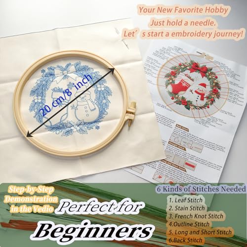 FONNUY Cute Christmas Embroidery Kit for Beginners, Festive Winter Pre-Printed Pattern & Supplies Set for Adults, DIY Handmade Needlepoint Kits Wall Art, 8'' Hoop (Holly Berries) - color: Holly Berries