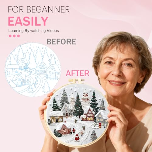 Huacan Embroidery Kit for Beginners Adults, Easy Needlepoint Kits for Adults with Stamped Embroidery Patterns. (Village) - style: Village