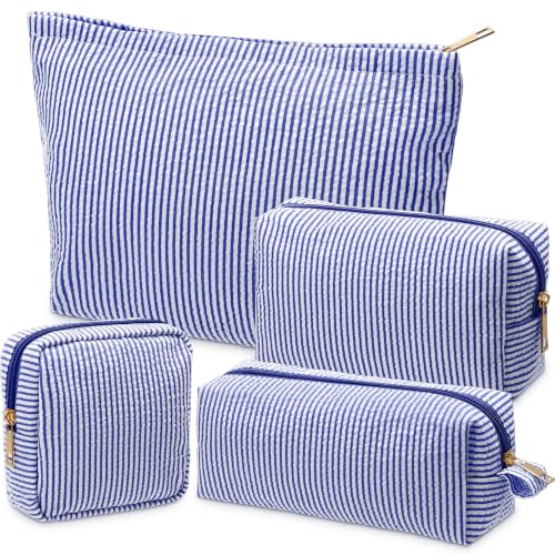 Sanwuta 4 Pcs Seersucker Pouch Striped Makeup Bag Set, Navy Blue - color: Navy Blue