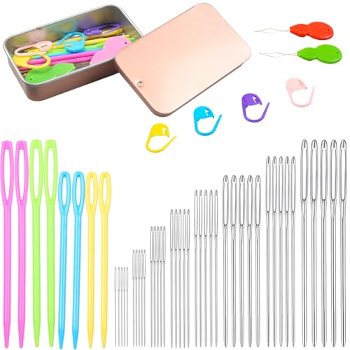 Eketirry 54 PCS Large-Eye Blunt Needles kit, 8 Sizes Stainless Steel Yarn Knitting Sewing Needles, Crafting Weaving Stringing Needles with Threaders and Stitch Markers (Rose Gold) - color: Rose Gold-54pcs