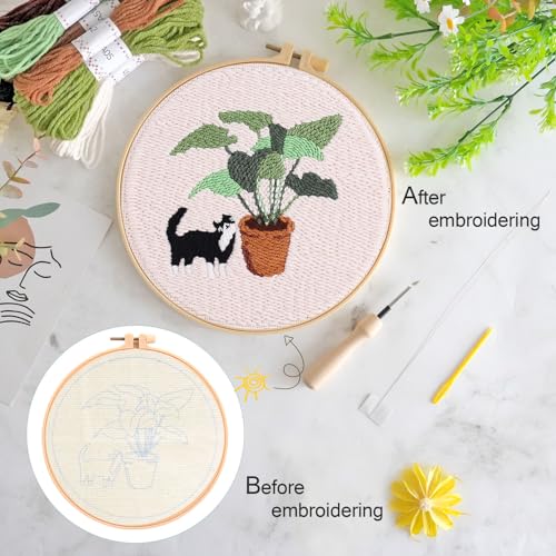 KESTAR Punch Needle Embroidery Starter Kits, Black and White Cat Plant Punch Needle Kits for Adults Beginner, Needle Punch Kit Tool with Instruction Threader Fabric Yarns and Hoop - color: Black White Cat