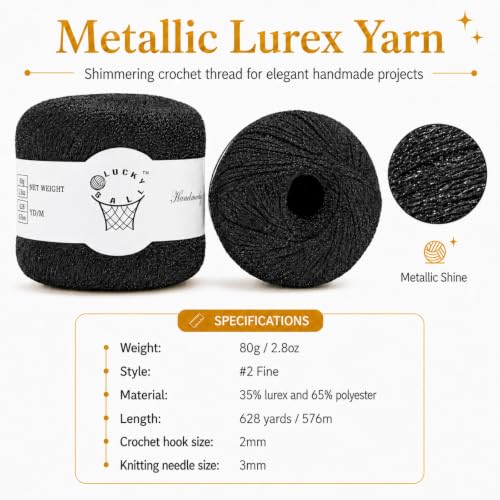 2PCS Metallic Crochet Thread,Yarn for Crocheting,Metallic Thread Round Band Yarn,Lurex Yarn with Metallic Shine, Sparkle Metallic Yarn for Clothes, Car Charm, Keychain Charm 80g Black - color: Black