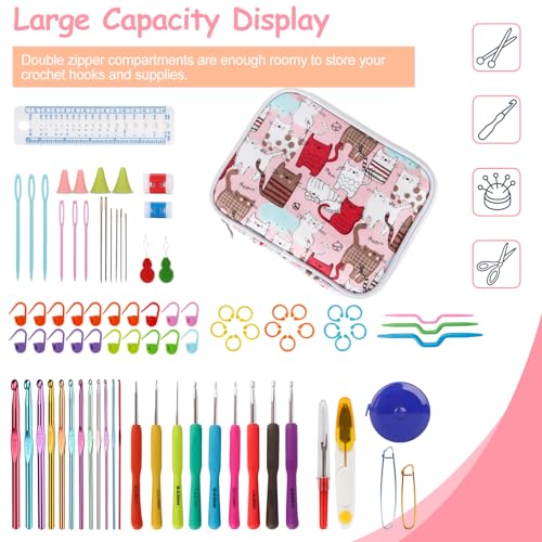 Katech Crochet Hooks Case Empty Zipper Bags Portable Travel Crochet Storage Bag Organizer with Web Pocket and Crochet Holder Slots for Carrying Various Crochets Needles (Pink) - color: Pink Cat