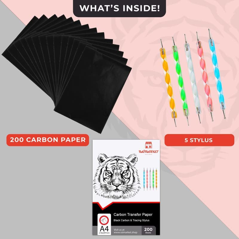 200 Sheets Black Carbon Paper for Tracing | Graphite Transfer Paper for Wood, Canvas & Fabric, Carbon Tracing Paper for Drawing & Sewing Patterns, Includes 5 Styluses, A4 Size