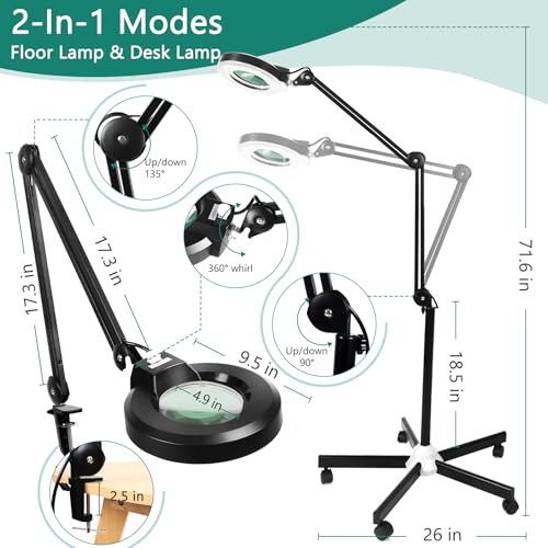 15X Super Bright 2,200 Lumens Magnifying Glass with Light and Stand, Floor Lamp with 5 Wheels Rolling Base for Lash Estheticians, Stepless Dimmable, LED Lighted Magnifier for Sewing Crafts - Black - color: Black