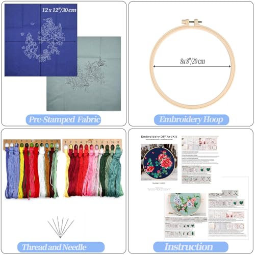 FONNUY 2 Set Crewel Embroidery Kit for Beginners, Fantasy Floral Pre-Stamped Pattern Kits for Adults with Hoop, Easy to Follow Needlework, 8'' (Red)