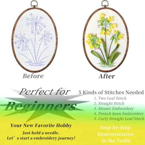 FONNUY Ribbon Embroidery 3D Flowers Pattern Design Kit Embroidery DIY Handwork Set Oval Home Decoration (Yellow Camellia) - style: Yellow Camellia