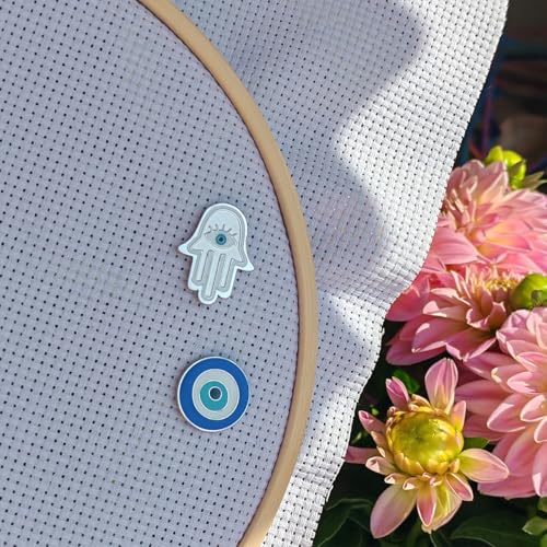 ESWEUOOM Evil Eye Needle Minder Magnetic, Protection Needle Nanny Keeper for Cross Stitch Embroidery Sewing Needle and Pin Holders Needlework Accessories Set Blue Silver Stainless Steel