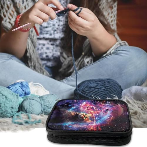 Kathyboom Galaxy Cat Crochet Hooks Case Large Capacity Empty Zipper Bags Portable Travel Crochet Storage Bag Organizer with Web Pocket and Crochet Holder Slots for Crochets Needles - color: Galaxy Cat