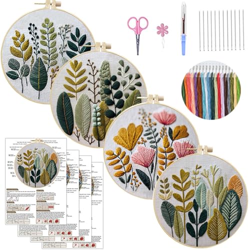MULTIONS 4 Pack Embroidery Kit for Beginners, Cross Stich for Adults, Embroidery Starter Kits with Pattern, Hoop, Neeldes, Scissor(Flower and Plants) - color: Flowers and Plants