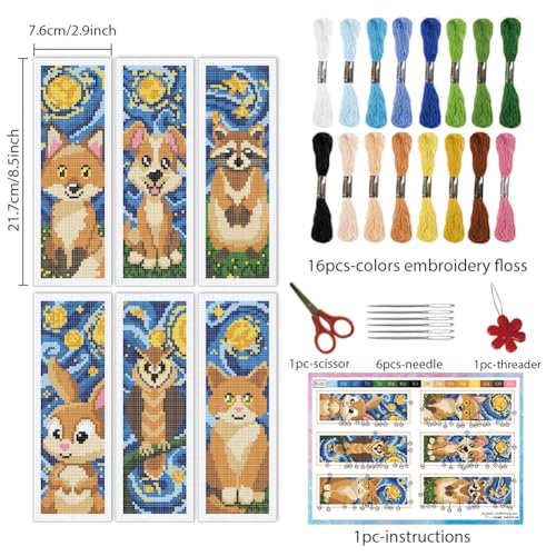 INFUNLY 6pcs Starry Sky Animals Cross Stitch Bookmark Kits for Adults Cat Dog DIY Cross Stitch Kit with Instructions Pre-Printed Art Fox Rabbits Stamped Embroidery Bookmark Kit for Book Readers Gift - style: Starry Sky Animals